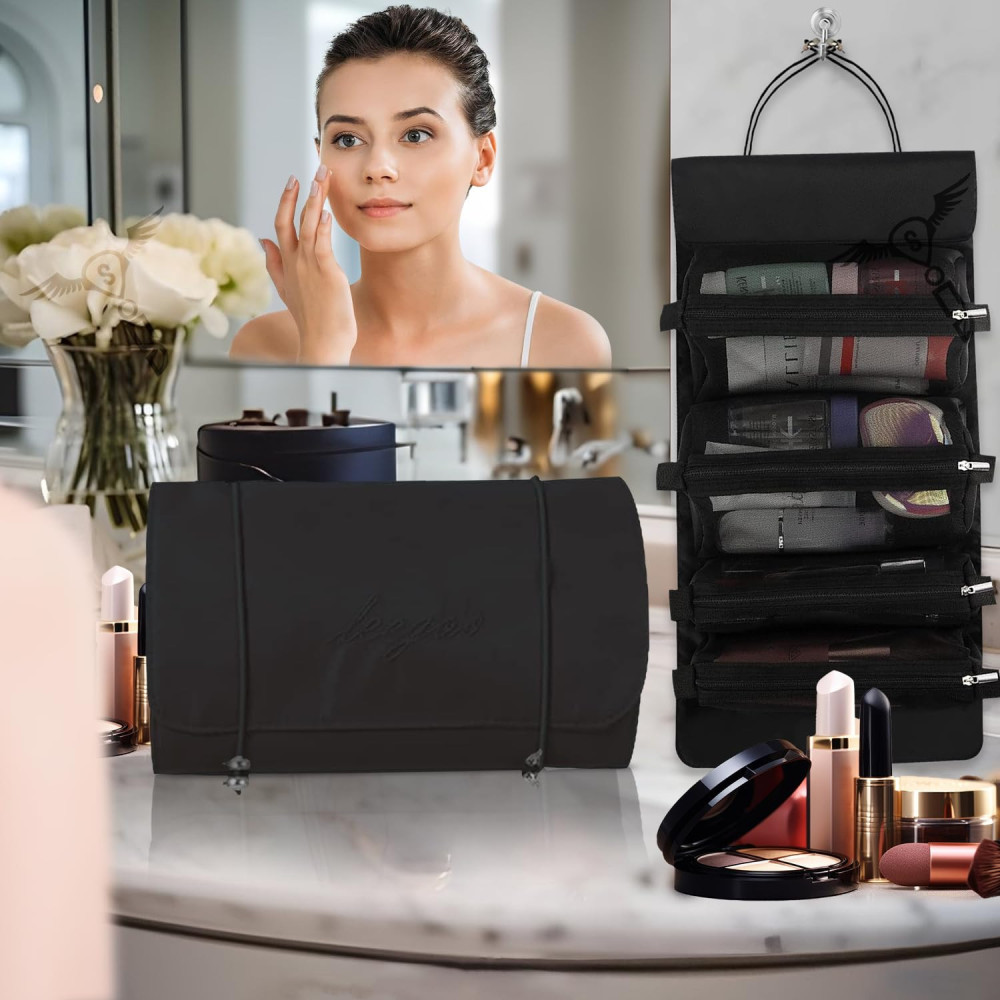 M-ved Polyester 4 in 1 Foldable Hanging Cosmetic Storage Toiletry Bag for Women Travel (Black)