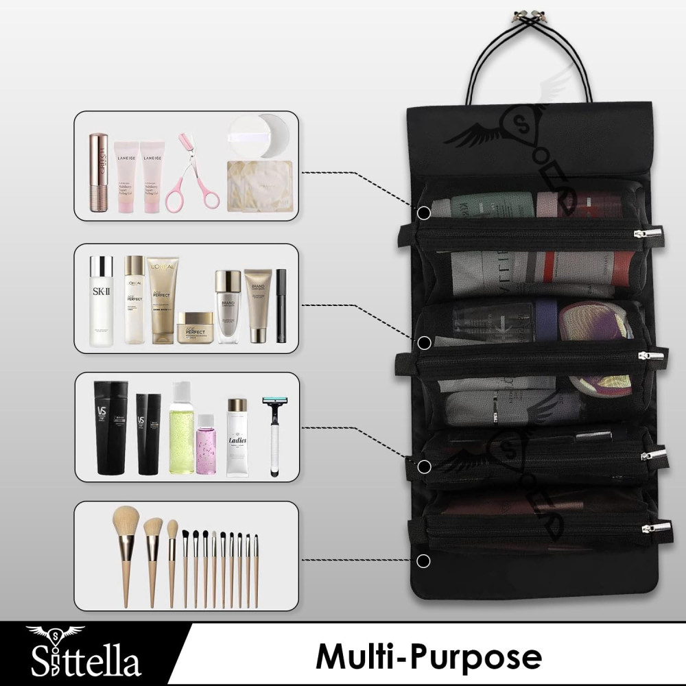 M-ved Polyester 4 in 1 Foldable Hanging Cosmetic Storage Toiletry Bag for Women Travel (Black)