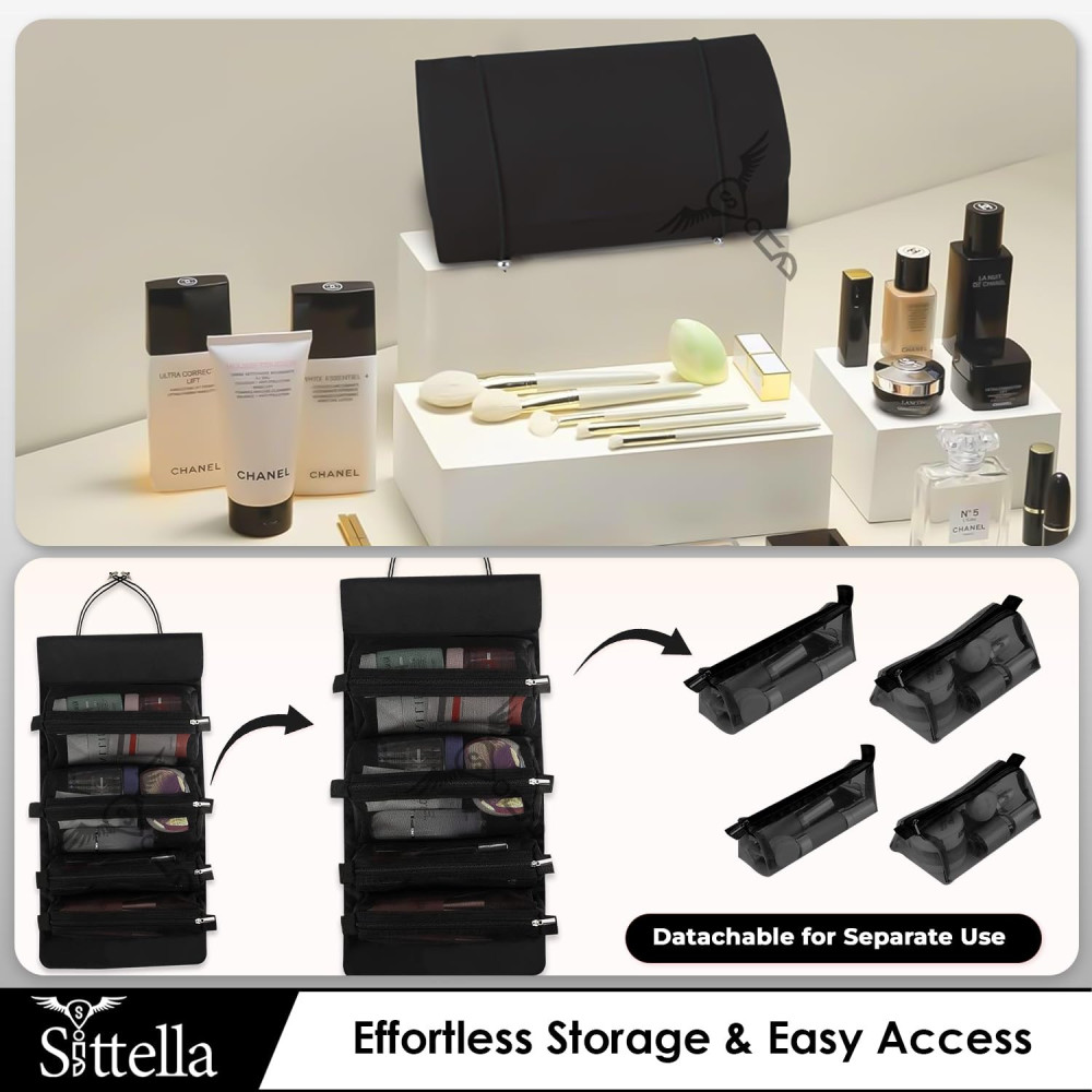 M-ved Polyester 4 in 1 Foldable Hanging Cosmetic Storage Toiletry Bag for Women Travel (Black)