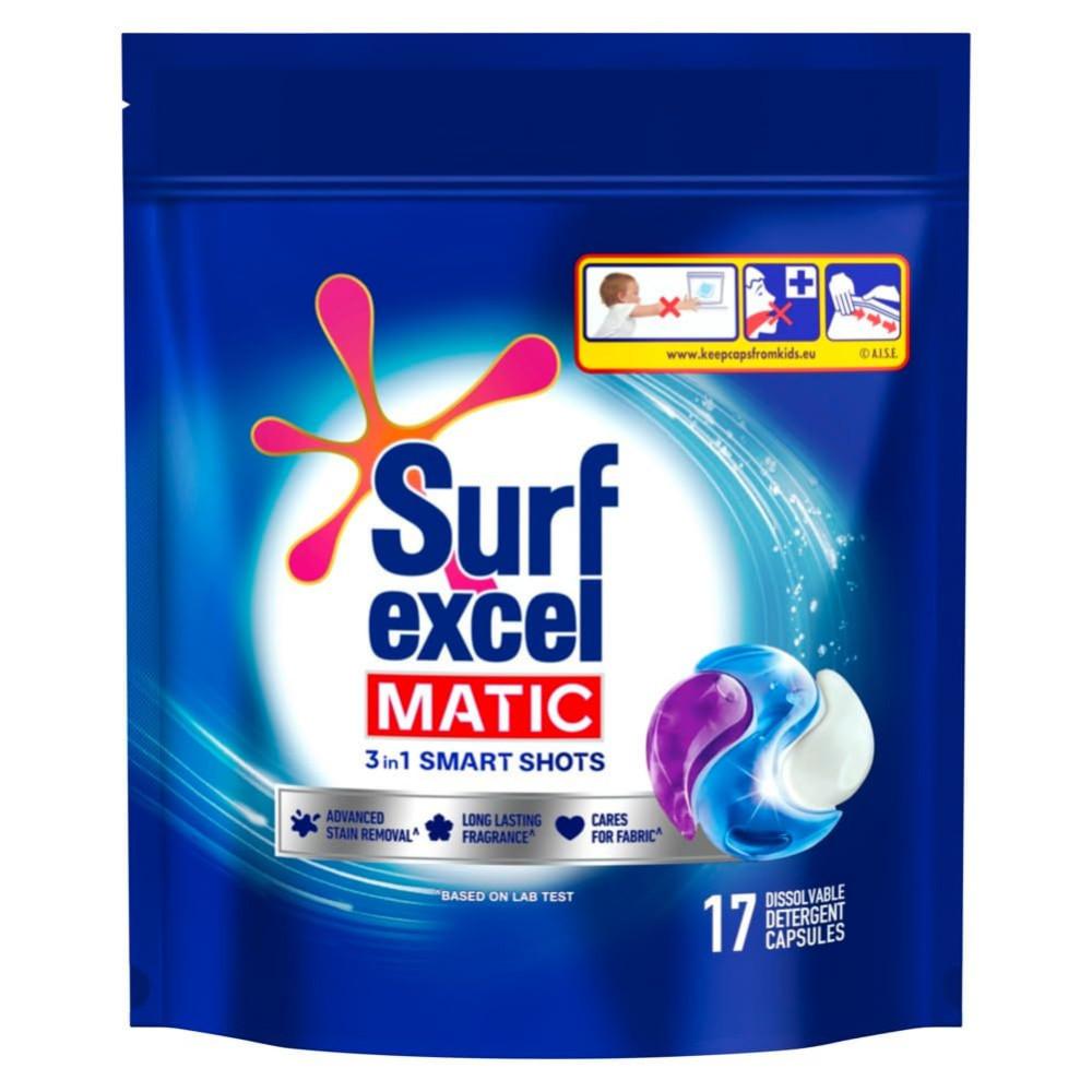 Surf Excel Matic 3 In 1 Smart Shots 17 Pcs, Laundry Detergent Tablets Pods For Tough Stain Removal In Front Load & Top Load Washing Machines, Fragrance + Care
