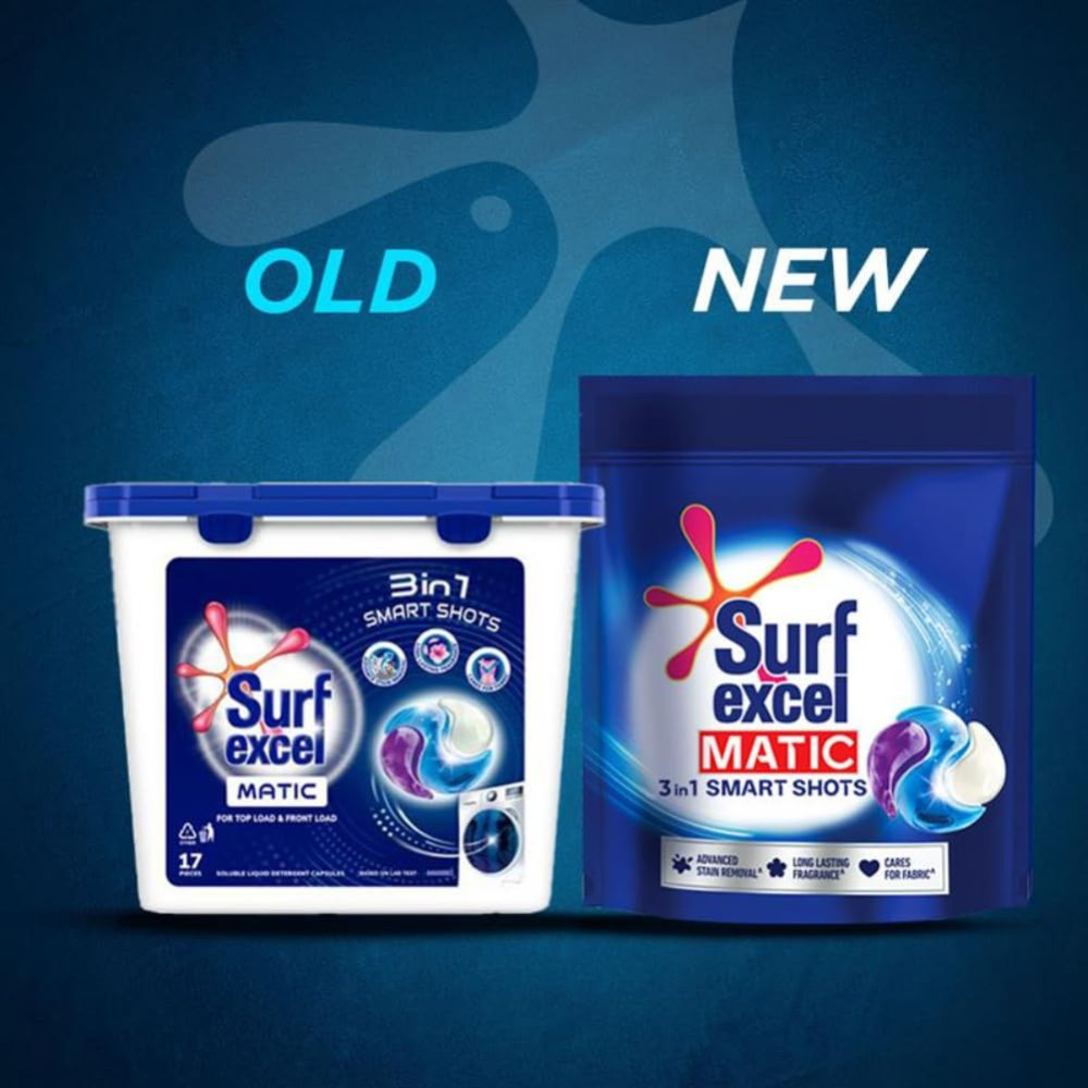 Surf Excel Matic 3 In 1 Smart Shots 17 Pcs, Laundry Detergent Tablets Pods For Tough Stain Removal In Front Load & Top Load Washing Machines, Fragrance + Care