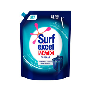 Surf Excel Matic Top Load Liquid Detergent 4L Refill Pouch, Specially designed to remove Tough Dried Stains, 1st time in Washing Machine