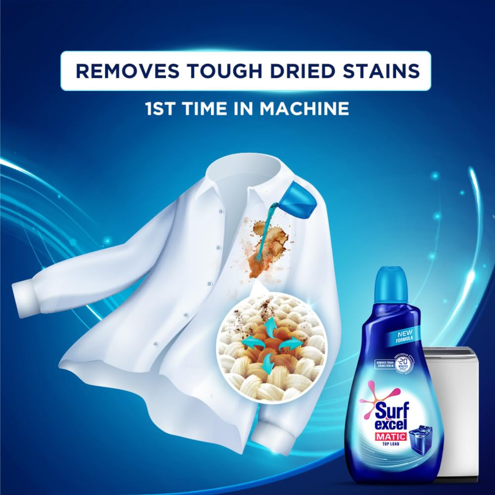 Surf Excel Matic Top Load Liquid Detergent 4L Refill Pouch, Specially designed to remove Tough Dried Stains, 1st time in Washing Machine