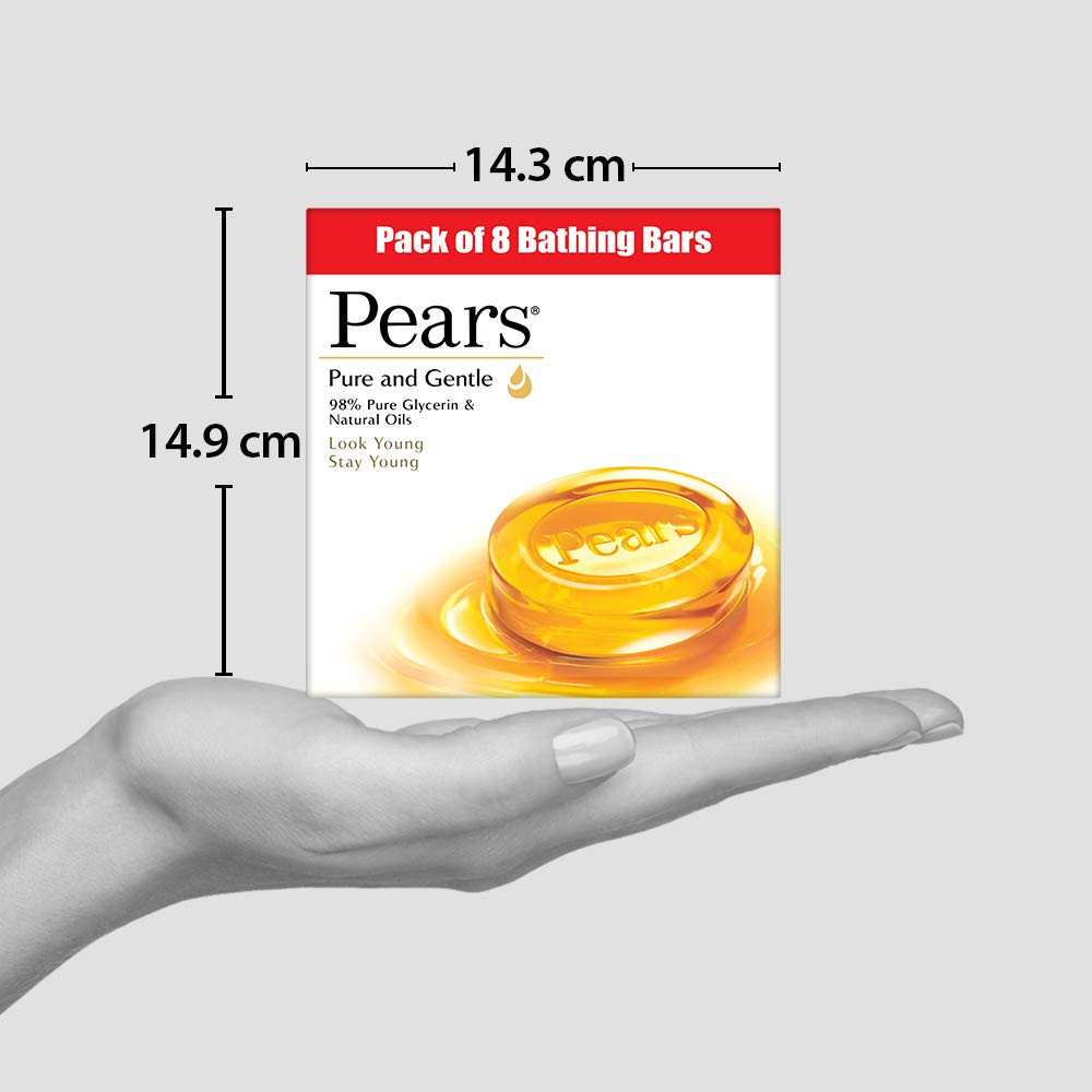 Pears Pure & Gentle Bathing Soap Bar 125 g (Combo Pack of 8) Moisturizing Glycerin Soap for Soft|| Glowing Skin & Body - Paraben Free|| For Men & Women