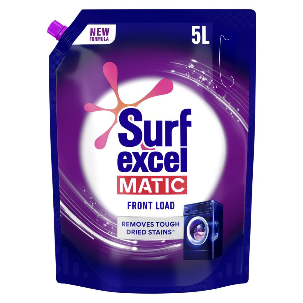 Surf Excel Matic Front Load Liquid Detergent 5L Refill Pouch, Specially designed to remove Tough Dried Stains, 1st time in Washing Machine